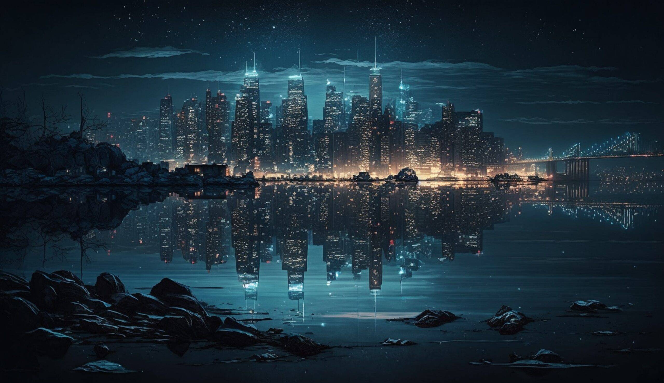 night-cityscape-with-skyscrapers-water-reflection-architecture-generative-ai-min